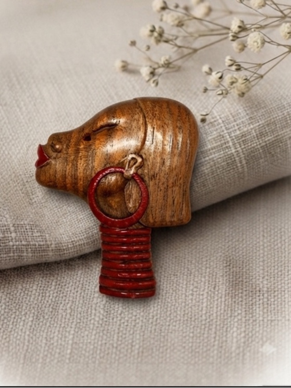 Vintage Hand-Carved Wooden Statement Brooch: African Woman Art Piece